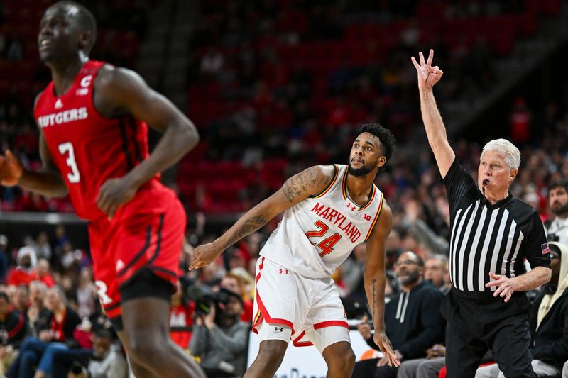 Feb 6, 2024; College Park, Maryland, USA; Maryland Terrapins forward Donta Scott (24) looks on after attempting a potential game tying  final three point basket during the second half  against the Rutgers Scarlet Knightsat Xfinity Center. Mandatory Credit: Tommy Gilligan-USA TODAY Sports