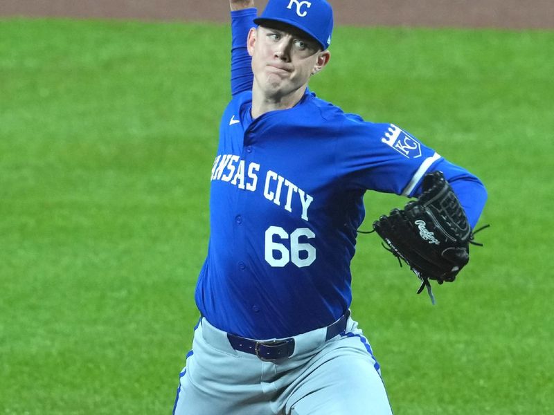 Apr 3, 2024; Baltimore, Maryland, USA; Kansas City Royals pitcher James McArthur (66) delivers in the eighth inning against the Baltimore Orioles at Oriole Park at Camden Yards. Mandatory Credit: Mitch Stringer-USA TODAY Sports