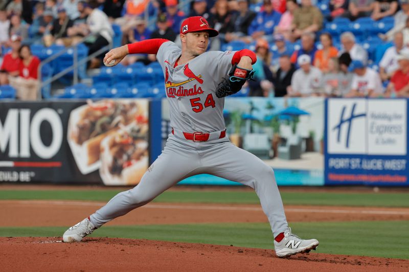 Mar 10, 2025; Port St. Lucie, Florida, USA;  St. Louis Cardinals pitcher Sonny Gray (54) throws a pitch first inning against the New York Mets at Clover Park. Mandatory Credit: Reinhold Matay-Imagn Images