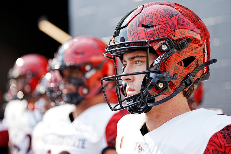 Sep 16, 2023; Corvallis, Oregon, USA; San Diego State Aztecs quarterback Kyle Crum (9) waits to the enter the stadium before the game against the Oregon State Beavers at Reser Stadium. Mandatory Credit: Soobum Im-USA TODAY Sports