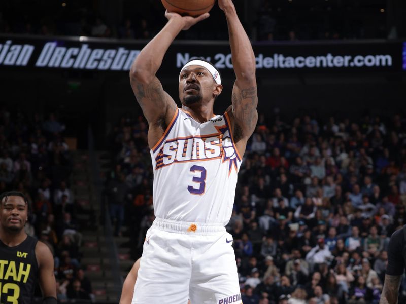 SALT LAKE CITY, UT - NOVEMBER 12: Bradley Beal #3 of the Phoenix Suns shoots a free throw during the game against the Utah Jazz during the Emirates NBA Cup game on November 12, 2024 at vivint.SmartHome Arena in Salt Lake City, Utah. NOTE TO USER: User expressly acknowledges and agrees that, by downloading and or using this Photograph, User is consenting to the terms and conditions of the Getty Images License Agreement. Mandatory Copyright Notice: Copyright 2024NBAE (Photo by Melissa Majchrzak/NBAE via Getty Images)