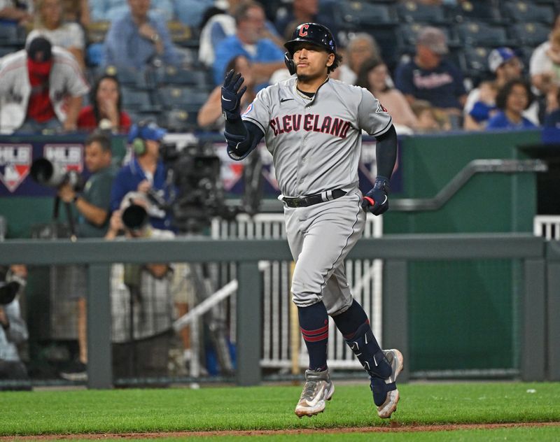 Sep 19, 2023; Kansas City, Missouri, USA; Cleveland Guardians catcher Bo Naylor (23) reacts after hitting a solo home run in the eighth inning against the Kansas City Royals at Kauffman Stadium. Mandatory Credit: Peter Aiken-USA TODAY Sports