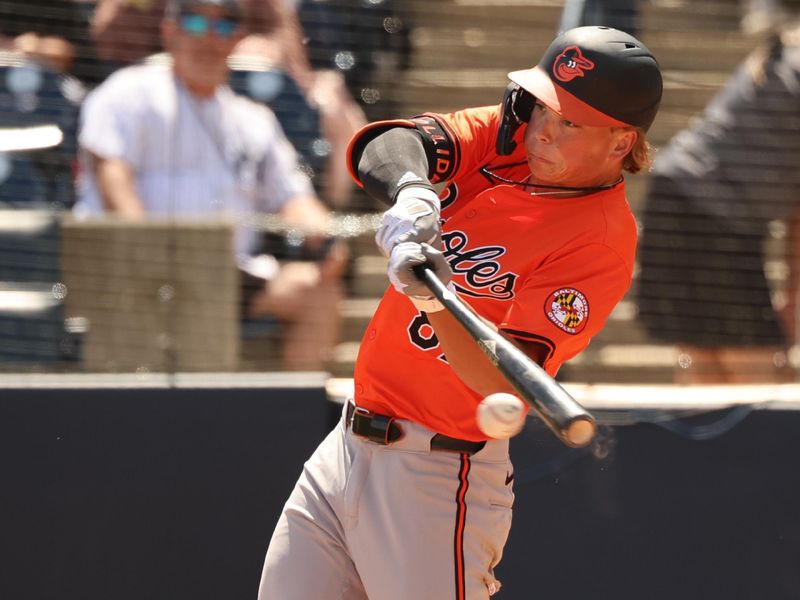 Mar 11, 2024; Tampa, Florida, USA;  Baltimore Orioles shortstop Jackson Holliday (87) hits a single during the second inning against the New York Yankees at George M. Steinbrenner Field. Mandatory Credit: Kim Klement Neitzel-USA TODAY Sports