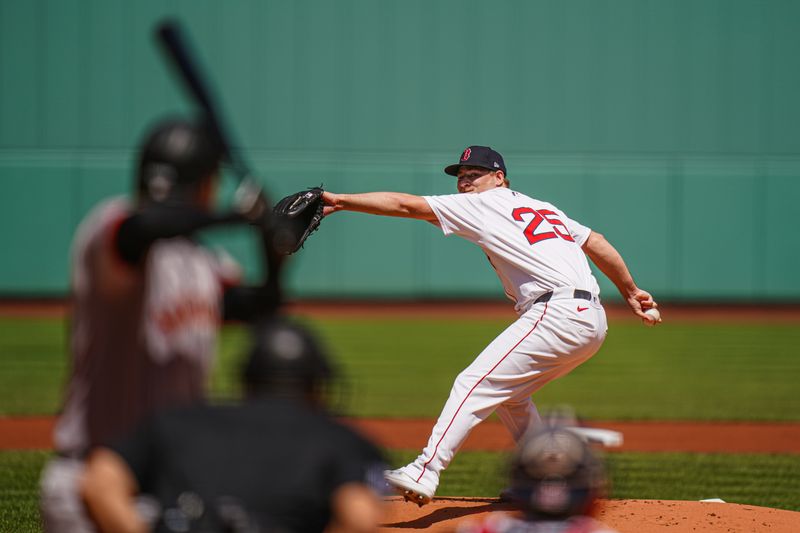 May 2, 2024; Boston, Massachusetts, USA; Boston Red Sox pitcher Josh Winckowski (25) throws a pitch against the San Francisco Giants in the first inning at Fenway Park. Mandatory Credit: David Butler II-USA TODAY Sports