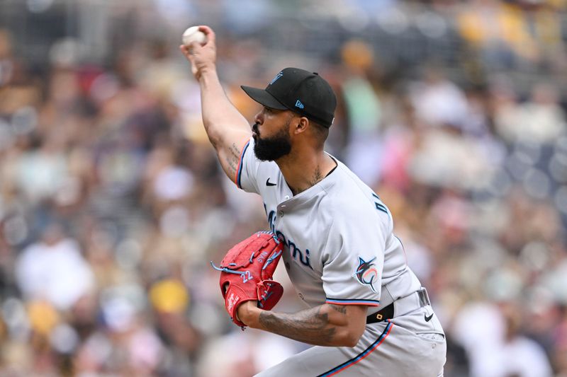 May 28, 2025; San Diego, California, USA; Miami Marlins starting pitcher Sandy Alcantara (22) delivers during the first inning against the San Diego Padres at Petco Park. Mandatory Credit: Denis Poroy-Imagn Images
