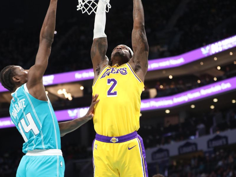 CHARLOTTE, NC - JANUARY 27:  Jarred Vanderbilt #2 of the Los Angeles Lakers dunks the ball during the game against the Charlotte Hornets on January 27, 2025 at Spectrum Center in Charlotte, North Carolina. NOTE TO USER: User expressly acknowledges and agrees that, by downloading and or using this photograph, User is consenting to the terms and conditions of the Getty Images License Agreement. Mandatory Copyright Notice: Copyright 2025 NBAE (Photo by Brock Williams-Smith/NBAE via Getty Images)