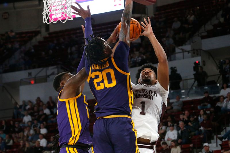 Feb 8, 2023; Starkville, Mississippi, USA; Mississippi State Bulldogs forward Tolu Smith (1) shoots as LSU Tigers forward KJ Williams (12) and LSU Tigers forward Derek Fountain (20) defend during the first half at Humphrey Coliseum. Mandatory Credit: Petre Thomas-USA TODAY Sports