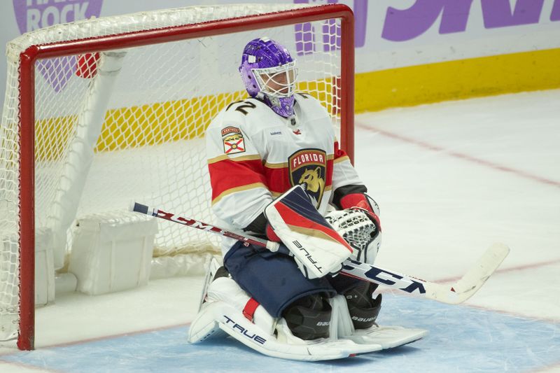 Nov 27 2023; Ottawa, Ontario, CAN; Florida Panthers goalie Sergei Bobrovsky (72) stretches during a break in action in the third pperiod against the Ottawa Senators at the Canadian Tire Centre. Mandatory Credit: Marc DesRosiers-USA TODAY Sports