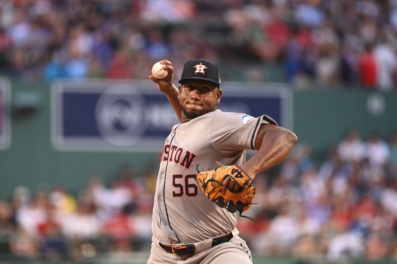 Aug 9, 2024; Boston, Massachusetts, USA; Houston Astros starting pitcher Ronel Blanco (56) pitches against the Boston Red Sox during the first inning at Fenway Park. Mandatory Credit: Eric Canha-USA TODAY Sports