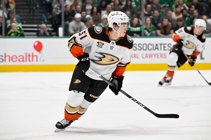 Jan 25, 2024; Dallas, Texas, USA; Anaheim Ducks defenseman Olen Zellweger (51) skates against the Dallas Stars during the second period at the American Airlines Center. Mandatory Credit: Jerome Miron-USA TODAY Sports