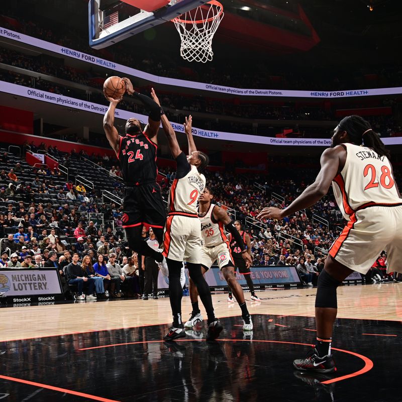 DETROIT, MI - NOVEMBER 24: Bruno Fernando #24 of the Toronto Raptors shoots the ball during the game against the Detroit Pistons on November 24, 2024 at Little Caesars Arena in Detroit, Michigan. NOTE TO USER: User expressly acknowledges and agrees that, by downloading and/or using this photograph, User is consenting to the terms and conditions of the Getty Images License Agreement. Mandatory Copyright Notice: Copyright 2024 NBAE (Photo by Chris Schwegler/NBAE via Getty Images)