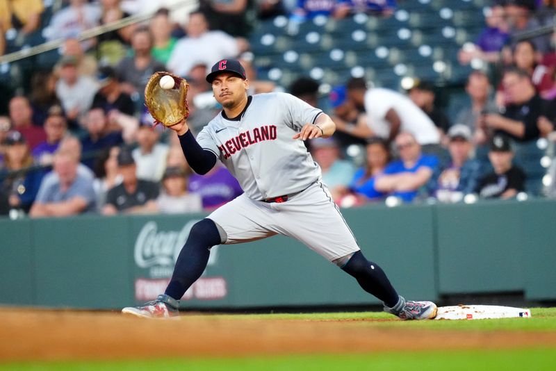 May 29, 2024; Denver, Colorado, USA; Cleveland Guardians first base Josh Naylor (22) fields the ball during the fifth inning against the Colorado Rockies at Coors Field. Mandatory Credit: Ron Chenoy-USA TODAY Sports