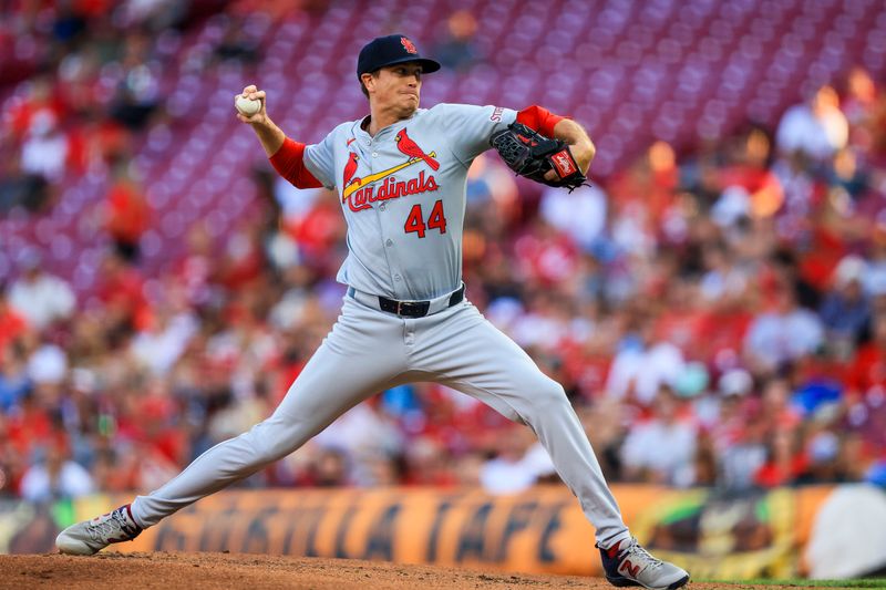 Aug 14, 2024; Cincinnati, Ohio, USA; St. Louis Cardinals starting pitcher Kyle Gibson (44) pitches against the Cincinnati Reds in the third inning at Great American Ball Park. Mandatory Credit: Katie Stratman-USA TODAY Sports