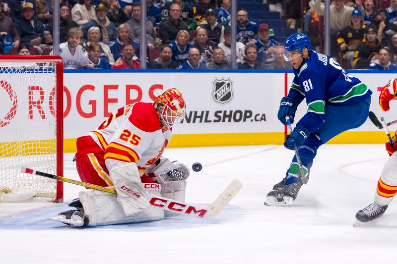 Apr 16, 2024; Vancouver, British Columbia, CAN; Calgary Flames goalie Jacob Markstrom (25) makes a save on Vancouver Canucks forward Dakota Joshua (81) in the third period at Rogers Arena. Canucks won 4 -1. Mandatory Credit: Bob Frid-USA TODAY Sports