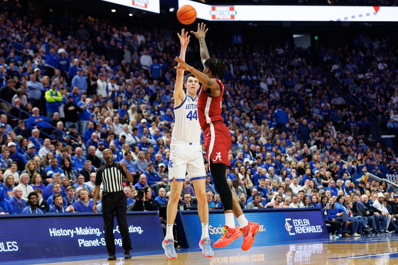 Feb 24, 2024; Lexington, Kentucky, USA; Kentucky Wildcats forward Zvonimir Ivisic (44) shoots the ball during the second half against the Alabama Crimson Tide at Rupp Arena at Central Bank Center. Mandatory Credit: Jordan Prather-USA TODAY Sports