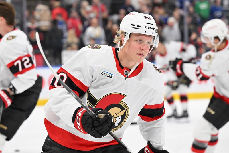 Mar 15, 2025; Toronto, Ontario, CAN;  Ottawa Senators forward Fabian Zetterlund (20) warms up before playing the Toronto Maple Leafs at Scotiabank Arena. Mandatory Credit: Dan Hamilton-Imagn Images
