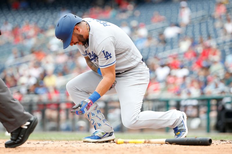 Sep 10, 2023; Washington, District of Columbia, USA; Los Angeles Dodgers left fielder David Peralta (6) reacts after being hit by a pitch from Washington Nationals starting pitcher Trevor Williams (not pictured) during the second inning at Nationals Park. Mandatory Credit: Amber Searls-USA TODAY Sports