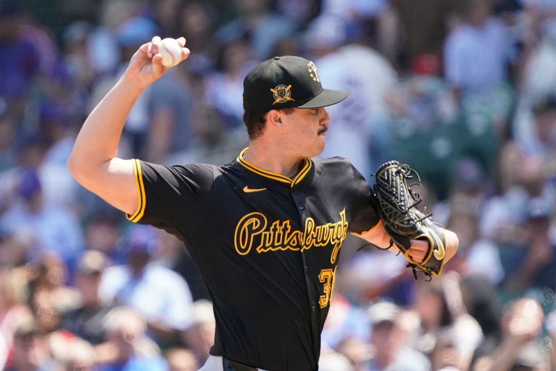 May 17, 2024; Chicago, Illinois, USA; Pittsburgh Pirates pitcher Paul Skenes (30) throws the ball against the Chicago Cubs during the first inning at Wrigley Field. Mandatory Credit: David Banks-USA TODAY Sports