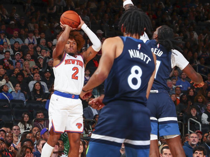 NEW YORK, NY - OCTOBER 13: Miles McBride shoots a three point basket during the game on October 13, 2024 at Madison Square Garden in New York City, New York.  NOTE TO USER: User expressly acknowledges and agrees that, by downloading and or using this photograph, User is consenting to the terms and conditions of the Getty Images License Agreement. Mandatory Copyright Notice: Copyright 2024 NBAE  (Photo by David L. Nemec/NBAE via Getty Images)