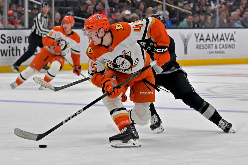 Dec 27, 2025; Los Angeles, California, USA;  Anaheim Ducks right wing Beckett Sennecke (45) handles the puck past Los Angeles Kings center Alex Turcotte (15) during the second period at Crypto.com Arena. Mandatory Credit: Jayne Kamin-Oncea-Imagn Images