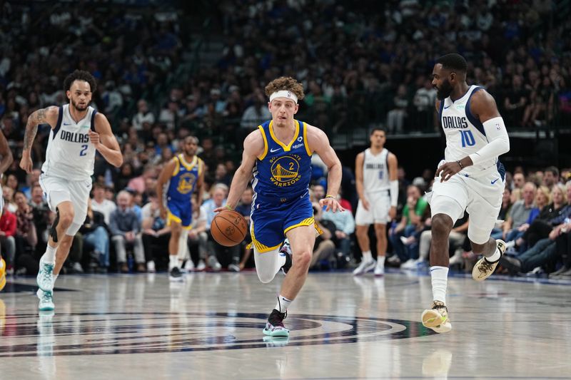 DALLAS, TX - MARCH 13: Brandin Podziemski #2 of the Golden State Warriors dribbles the ball during the game against the Dallas Mavericks on March 13, 2024 at the American Airlines Center in Dallas, Texas. NOTE TO USER: User expressly acknowledges and agrees that, by downloading and or using this photograph, User is consenting to the terms and conditions of the Getty Images License Agreement. Mandatory Copyright Notice: Copyright 2024 NBAE (Photo by Glenn James/NBAE via Getty Images)