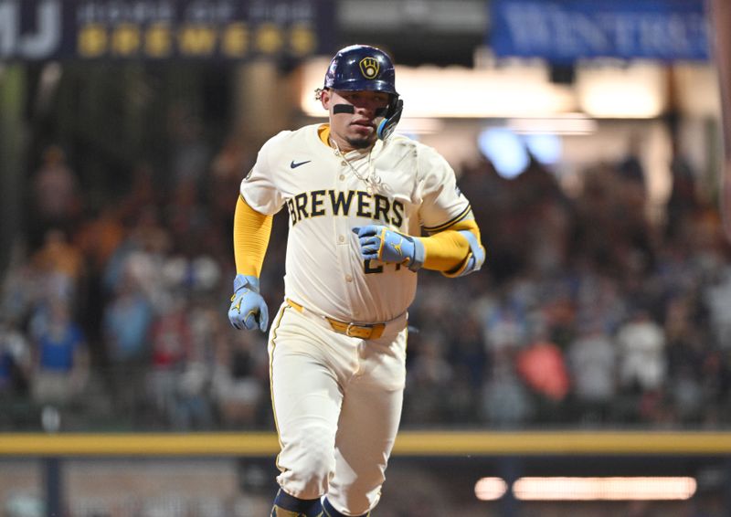 Aug 12, 2024; Milwaukee, Wisconsin, USA; Milwaukee Brewers catcher William Contreras (24) rounds the bases after hitting home run against the Los Angeles Dodgers in the sixth inning at American Family Field. Mandatory Credit: Michael McLoone-USA TODAY Sports