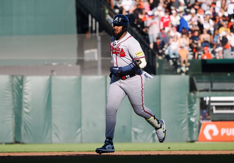 Aug 27, 2023; San Francisco, California, USA; Atlanta Braves designated hitter Marcell Ozuna (20) rounds the bases on a two-run home run against the San Francisco Giants during the sixth inning at Oracle Park. Mandatory Credit: Kelley L Cox-USA TODAY Sports