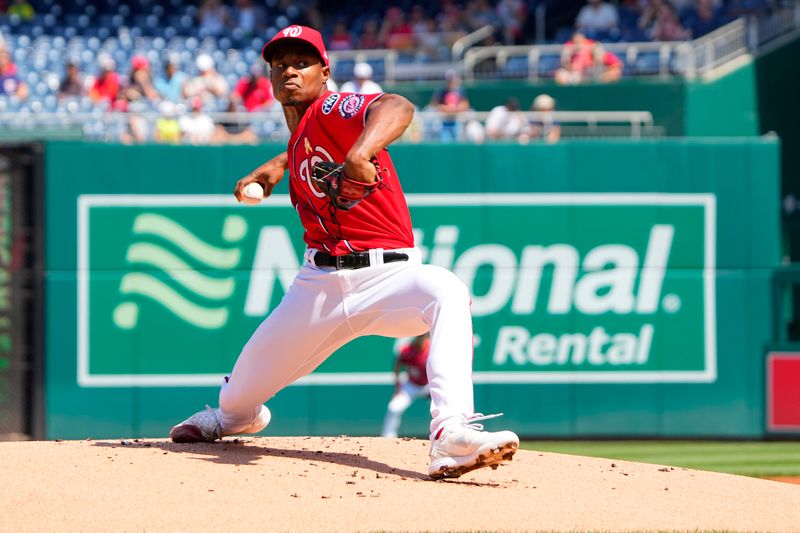 Sep 3, 2023; Washington, District of Columbia, USA;  Washington Nationals pitcher Josiah Gray (40) delivers a pitch against the Miami Marlins during the first inning at Nationals Park. Mandatory Credit: Gregory Fisher-USA TODAY Sports