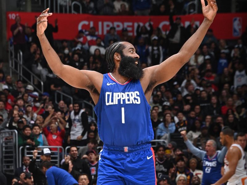 LOS ANGELES, CA - JANUARY 8: James Harden #1 of the LA Clippers celebrates during the game against the Phoenix Suns on January 8, 2024 at Crypto.Com Arena in Los Angeles, California. NOTE TO USER: User expressly acknowledges and agrees that, by downloading and/or using this Photograph, user is consenting to the terms and conditions of the Getty Images License Agreement. Mandatory Copyright Notice: Copyright 2024 NBAE (Photo by Andrew D. Bernstein/NBAE via Getty Images)