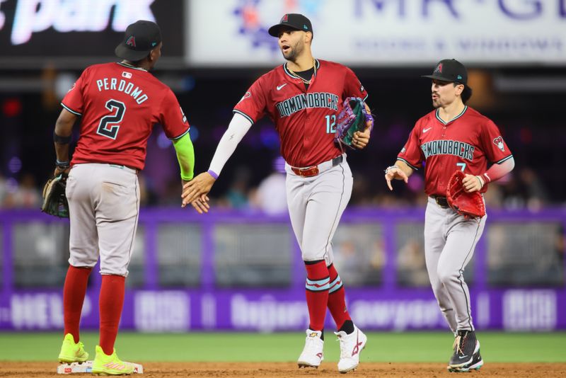 Aug 20, 2024; Miami, Florida, USA; Arizona Diamondbacks left fielder Lourdes Gurriel Jr. (12) celebrates with shortstop Geraldo Perdomo (2) and right fielder Corbin Carroll (7) after the game against the Miami Marlins at loanDepot Park. Mandatory Credit: Sam Navarro-USA TODAY Sports