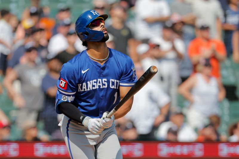 Aug 4, 2024; Detroit, Michigan, USA;  Kansas City Royals outfielder MJ Melendez (1) hits a three run home run in the ninth inning against the Detroit Tigers at Comerica Park. Mandatory Credit: Rick Osentoski-USA TODAY Sports