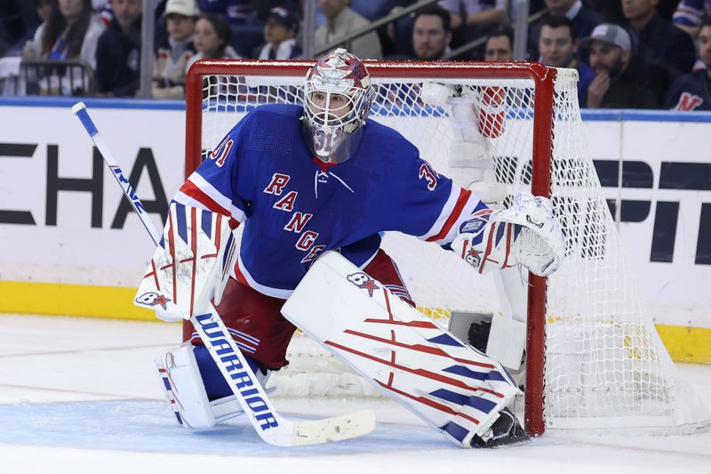 May 22, 2024; New York, New York, USA; New York Rangers goaltender Igor Shesterkin (31) tends net against the Florida Panthers during the second period of game one of the Eastern Conference Final of the 2024 Stanley Cup Playoffs at Madison Square Garden. Mandatory Credit: Brad Penner-USA TODAY Sports