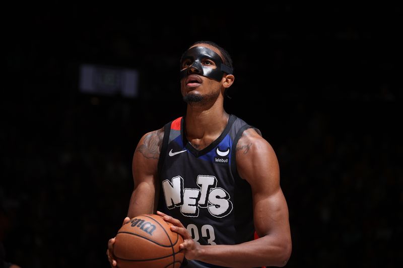 BROOKLYN, NY - APRIL 6: Nicolas Claxton #33 of the Brooklyn Nets shoots a free throw during the game against the Detroit Pistons on April 6, 2024 at Barclays Center in Brooklyn, New York. NOTE TO USER: User expressly acknowledges and agrees that, by downloading and or using this Photograph, user is consenting to the terms and conditions of the Getty Images License Agreement. Mandatory Copyright Notice: Copyright 2024 NBAE (Photo by Nathaniel S. Butler/NBAE via Getty Images)