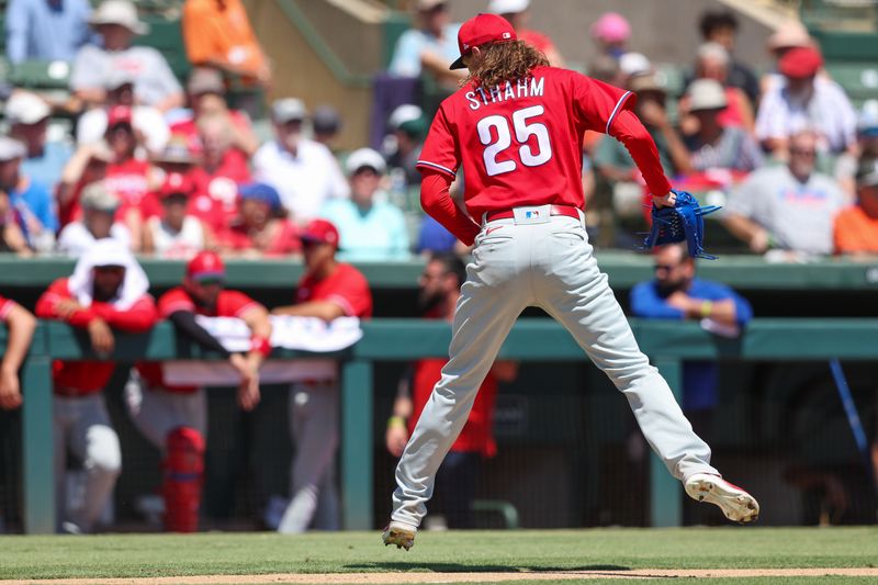 Mar 26, 2023; Sarasota, Florida, USA;  Philadelphia Phillies relief pitcher Matt Strahm (25) leaves the game against the Baltimore Orioles in the third inning during spring training at Ed Smith Stadium. Mandatory Credit: Nathan Ray Seebeck-USA TODAY Sports