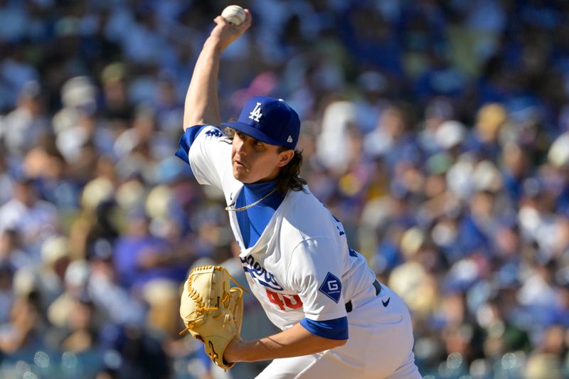 Oct 14, 2024; Los Angeles, California, USA; Los Angeles Dodgers pitcher Brent Honeywell (40) pitches against the New York Mets in the fifth inning during game two of the NLCS for the 2024 MLB Playoffs at Dodger Stadium. Mandatory Credit: Jayne Kamin-Oncea-Imagn Images