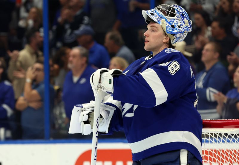 Nov 7, 2024; Tampa, Florida, USA; Tampa Bay Lightning goaltender Andrei Vasilevskiy (88) looks on against the Philadelphia Flyers during the second period at Amalie Arena. Mandatory Credit: Kim Klement Neitzel-Imagn Images