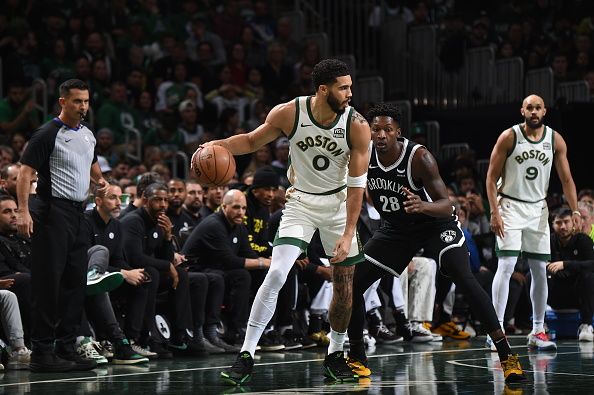 BOSTON, MA - NOVEMBER 10: Jayson Tatum #0 of the Boston Celtics handles the ball during the game against the Brooklyn Nets during the In-Season Tournament on November 10, 2023 at the TD Garden in Boston, Massachusetts. NOTE TO USER: User expressly acknowledges and agrees that, by downloading and or using this photograph, User is consenting to the terms and conditions of the Getty Images License Agreement. Mandatory Copyright Notice: Copyright 2023 NBAE  (Photo by Brian Babineau/NBAE via Getty Images)