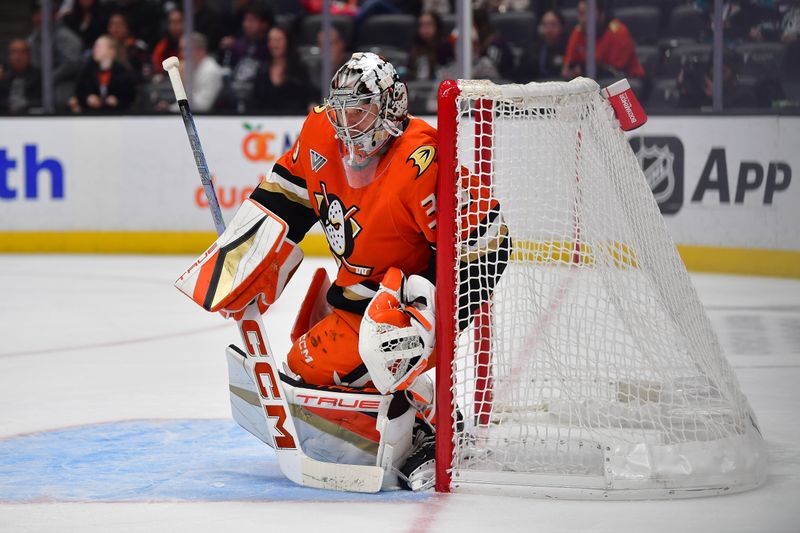 Nov 29, 2024; Anaheim, California, USA; Anaheim Ducks goaltender John Gibson (36) defends the goal against the Los Angeles Kings during the third period at Honda Center. Mandatory Credit: Gary A. Vasquez-Imagn Images