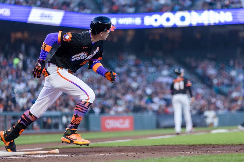 May 13, 2025; San Francisco, California, USA; San Francisco Giants second baseman Christian Koss (50) looks on after hitting a grand slam against the Arizona Diamondbacks during the second inning at Oracle Park. Mandatory Credit: John Hefti-Imagn Images