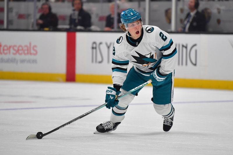 Apr 1, 2025; Anaheim, California, USA; San Jose Sharks center Will Smith (2) controls the puck against the Anaheim Ducks during the first period at Honda Center. Mandatory Credit: Gary A. Vasquez-Imagn Images