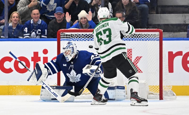 Feb 7, 2024; Toronto, Ontario, CAN; Dallas Stars forward Evgenii Dadonov (63) scores on a penalty shot past Toronto Maple Leafs goalie Ilya Samsonov (35) in the third period at Scotiabank Arena. Mandatory Credit: Dan Hamilton-USA TODAY Sports