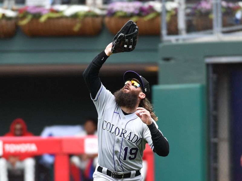 Apr 23, 2023; Philadelphia, Pennsylvania, USA; Colorado Rockies right fielder Charlie Blackmon (19) catches fly ball against the Philadelphia Phillies during the third inning at Citizens Bank Park. Mandatory Credit: Eric Hartline-USA TODAY Sports