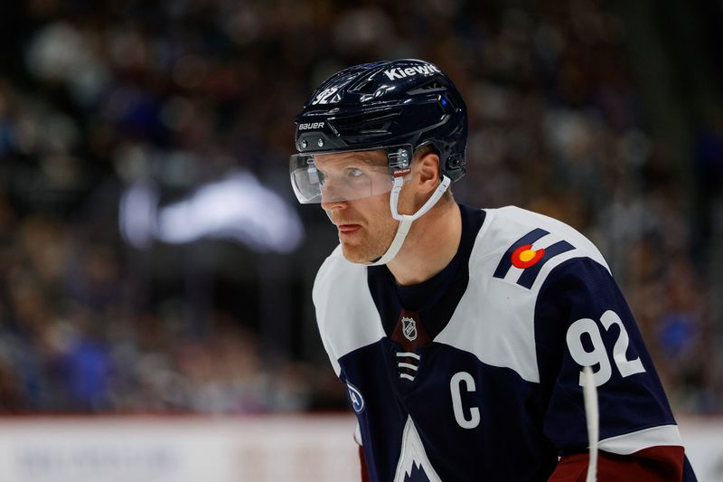 Dec 13, 2025; Denver, Colorado, USA; Colorado Avalanche left wing Gabriel Landeskog (92) in the third period against the Nashville Predators at Ball Arena. Mandatory Credit: Isaiah J. Downing-Imagn Images