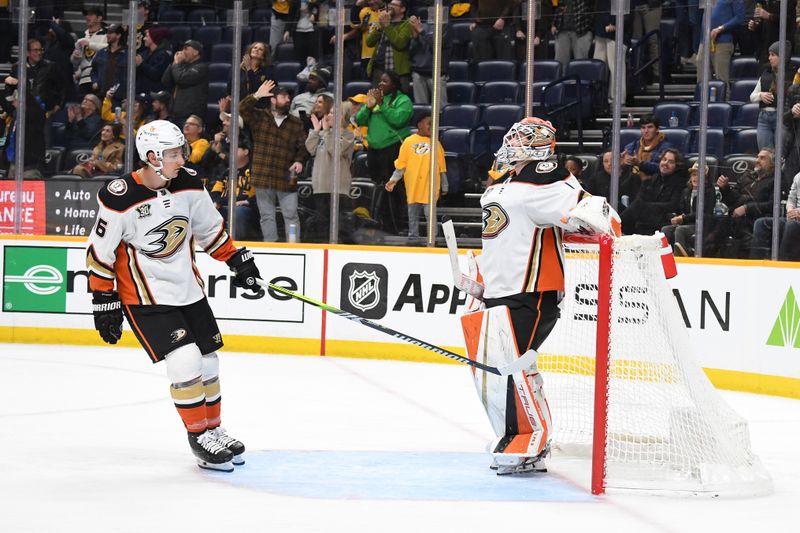 Jan 9, 2024; Nashville, Tennessee, USA; Anaheim Ducks goaltender Lukas Dostal (1) and center Ryan Strome (16) after allowing a goal during the third period against the Nashville Predators at Bridgestone Arena. Mandatory Credit: Christopher Hanewinckel-USA TODAY Sports