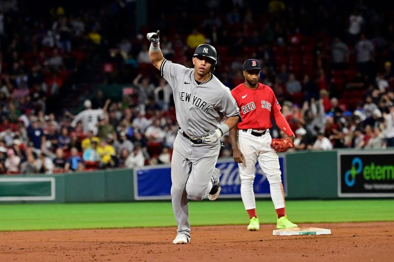 Sep 14, 2023; Boston, Massachusetts, USA; New York Yankees third baseman Oswald Peraza (91) reacts to his two run home run against the Boston Red Sox during the ninth inning at Fenway Park. Mandatory Credit: Eric Canha-USA TODAY Sports