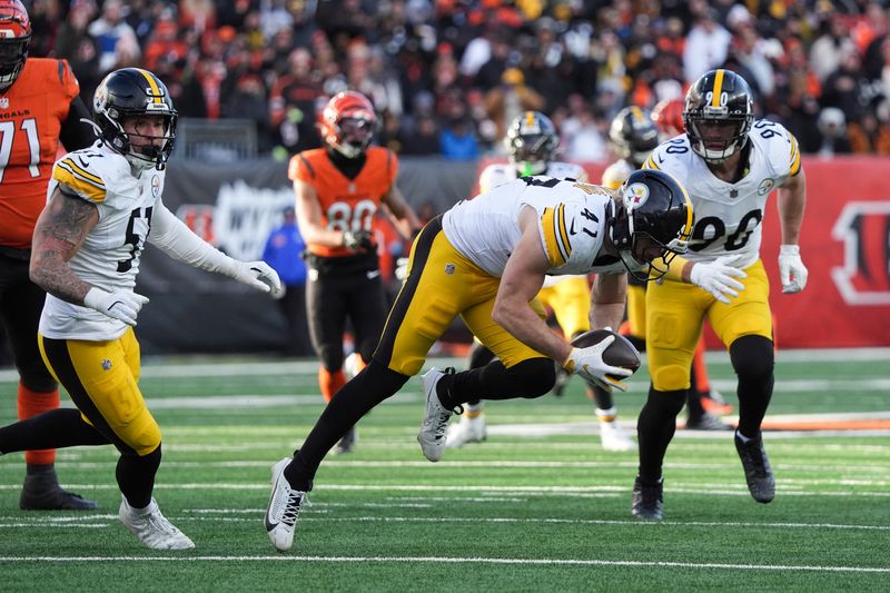 Pittsburgh Steelers linebacker Payton Wilson (41) recovers a fumble by Cincinnati Bengals quarterback Joe Burrow during the second half of an NFL football game Sunday, Dec. 1, 2024, in Cincinnati. (AP Photo/Joshua A. Bickel)