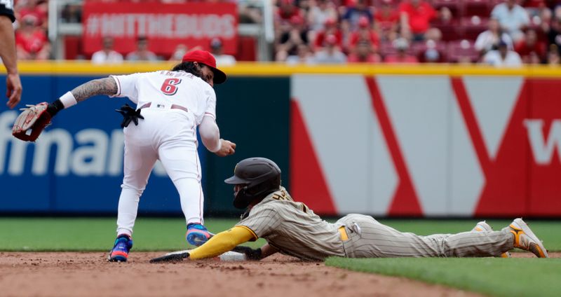 Jul 2, 2023; Cincinnati, Ohio, USA; San Diego Padres second baseman Ha-Seong Kim (7) is out at second against Cincinnati Reds second baseman Jonathan India (6) during the sixth inning at Great American Ball Park. Mandatory Credit: David Kohl-USA TODAY Sports