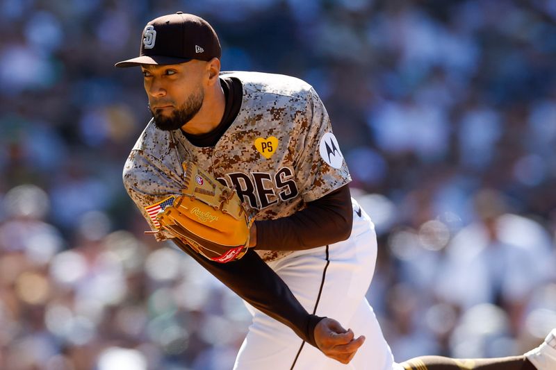 May 26, 2024; San Diego, California, USA; San Diego Padres relief pitcher Robert Suarez (75) throws a pitch in the ninth inning against the New York Yankees at Petco Park. Mandatory Credit: David Frerker-USA TODAY Sports