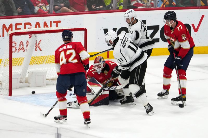 Jan 11, 2024; Sunrise, Florida, USA; Florida Panthers goaltender Sergei Bobrovsky (72) allows a goal scored by Los Angeles Kings defenseman Drew Doughty (not pictured) during the second period at Amerant Bank Arena. Mandatory Credit: Jasen Vinlove-USA TODAY Sports