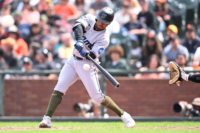 May 21, 2023; San Francisco, California, USA; Miami Marlins infielder Xavier Edwards (63) bats against the San Francisco Giants during the eighth inning at Oracle Park. Mandatory Credit: Robert Edwards-USA TODAY Sports